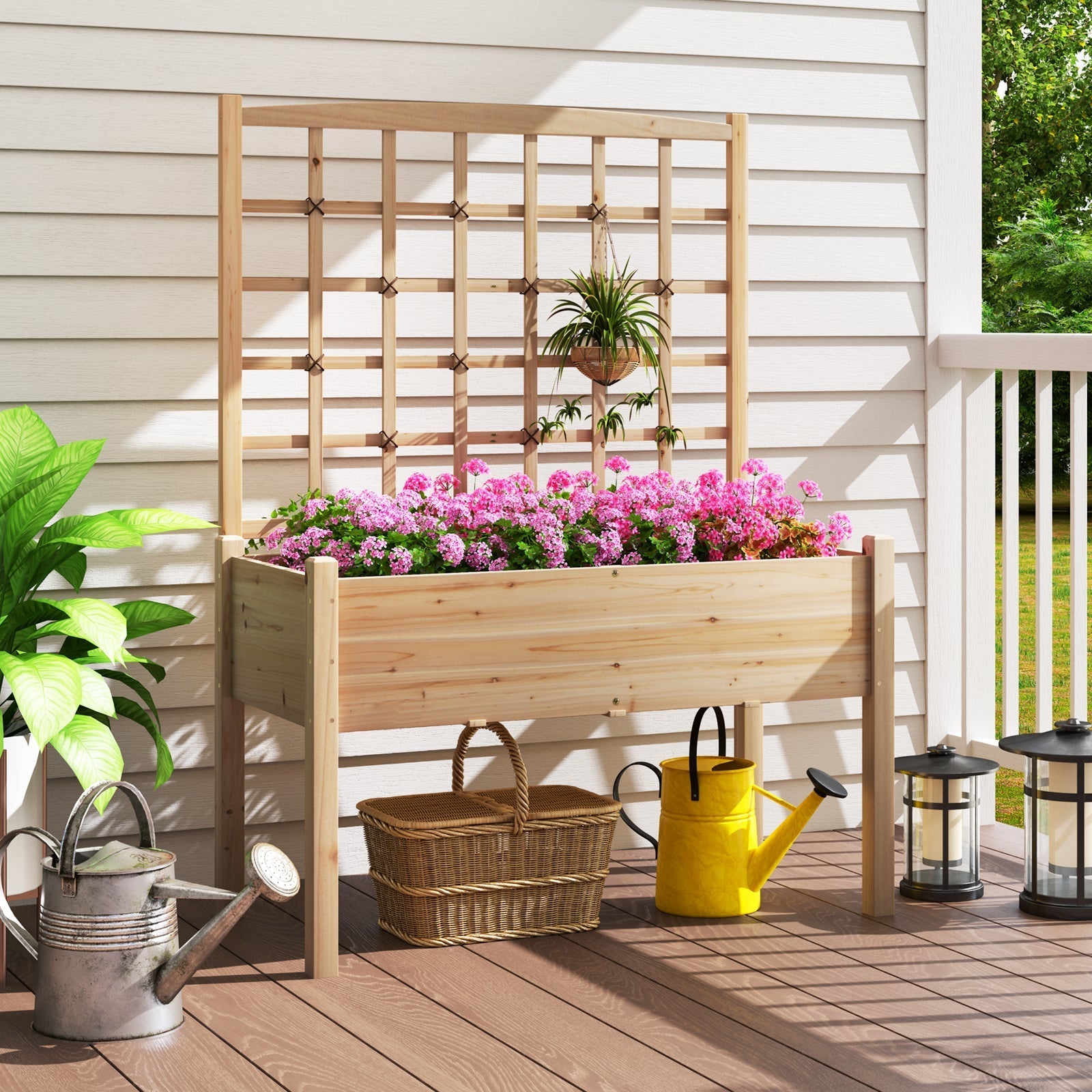 Raised Garden Bed with Lattice Trellis and Drainage Holes Elevated-Natural - Cheeky Garden