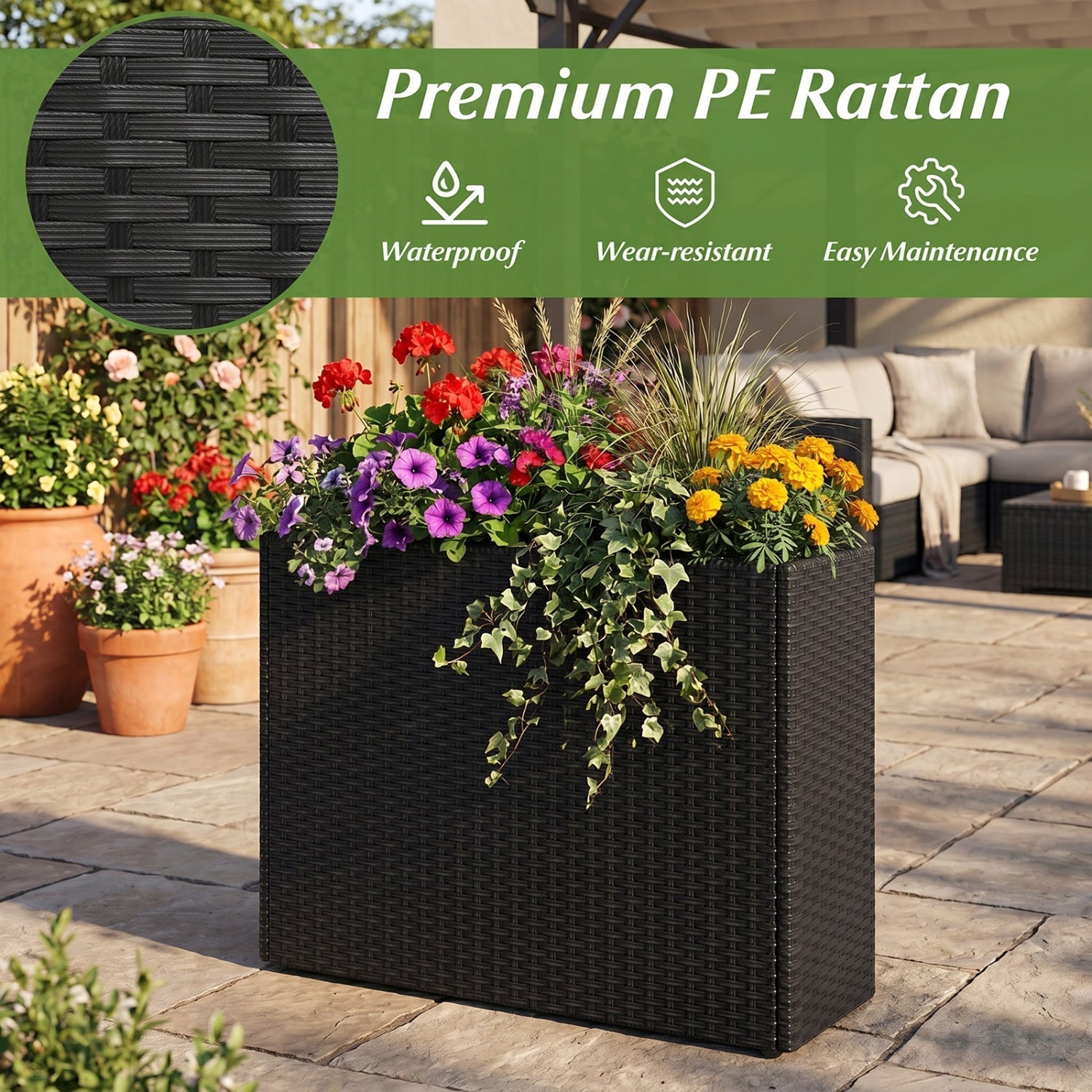 Raised Garden Bed with PE Rattan Wicker and Liner 32" - Cheeky Garden