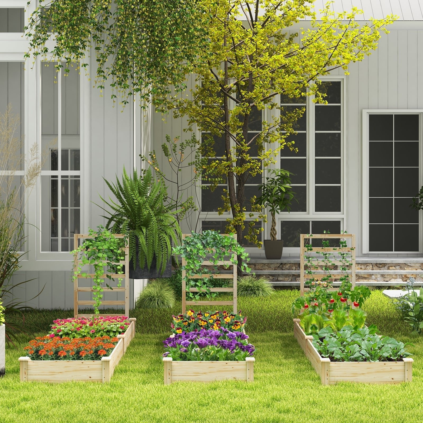 Raised Garden Bed with Planter Box and Trellis-Natural - Cheeky Garden