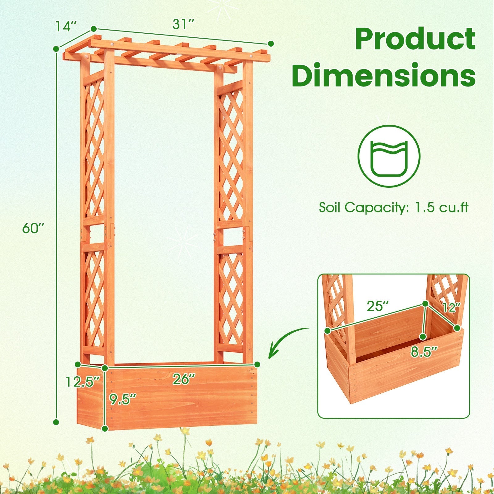Raised Garden Bed with Side Trellis and Hanging Roof and Drainage Hole-Orange - Cheeky Garden