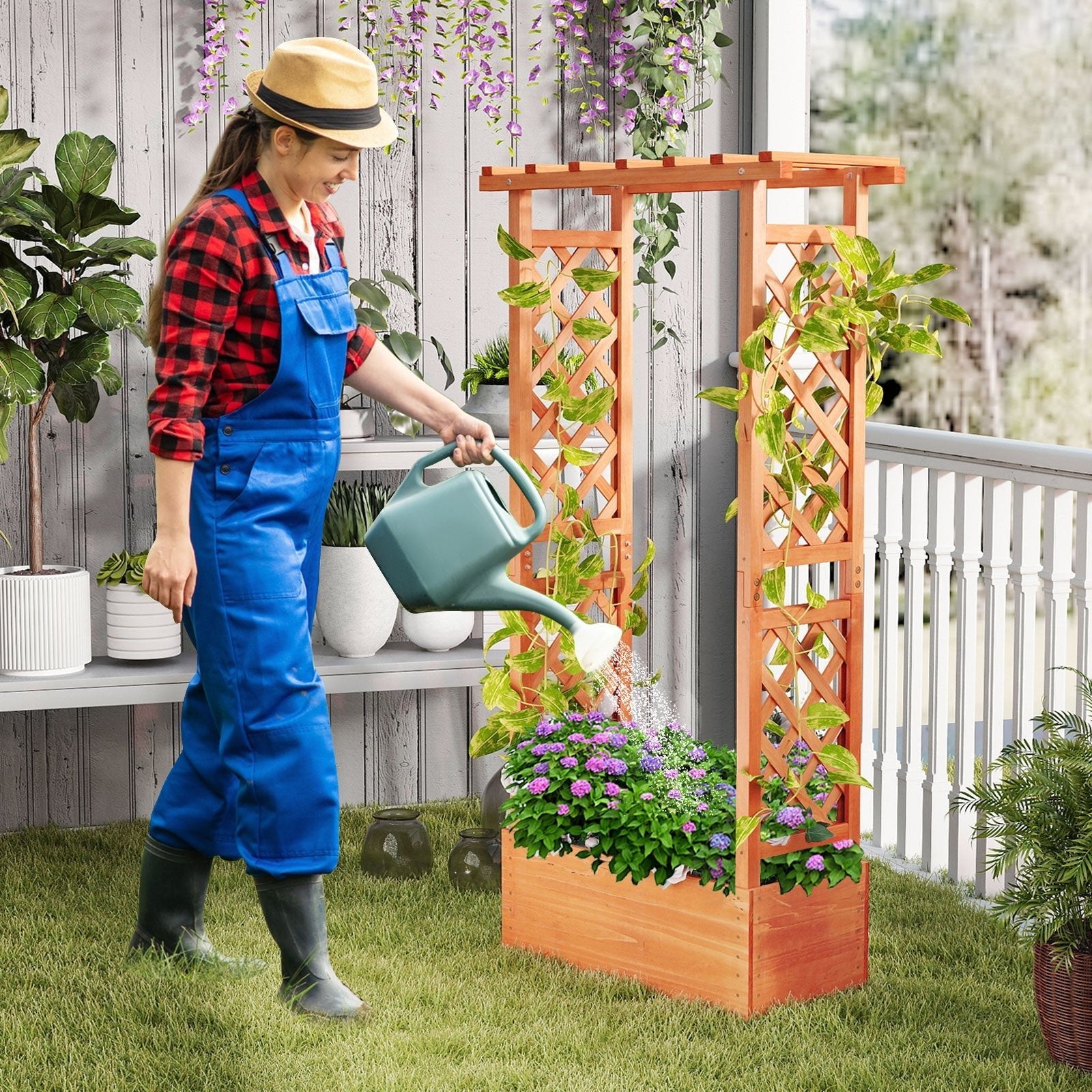 Raised Garden Bed with Side Trellis and Hanging Roof and Drainage Hole-Orange - Cheeky Garden