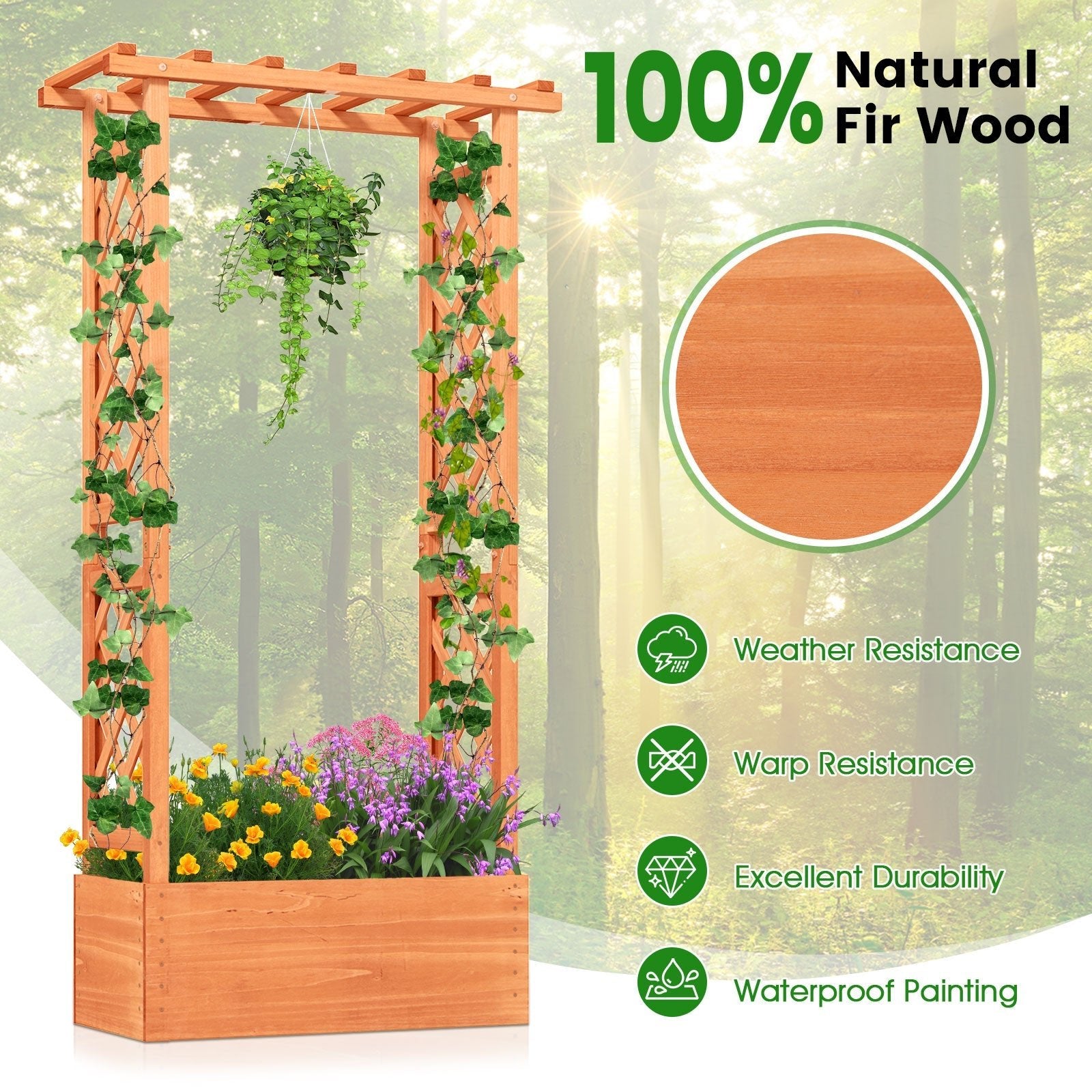 Raised Garden Bed with Side Trellis and Hanging Roof and Drainage Hole-Orange - Cheeky Garden