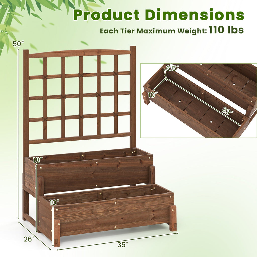 Raised Garden Bed with Trellis 2-tier Wood Planter Box with Drainage Holes-Rustic Brown - Cheeky Garden