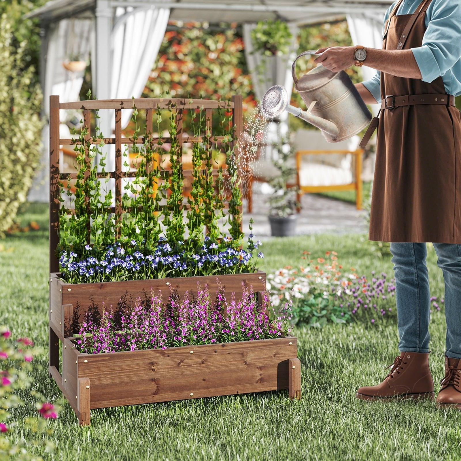 Raised Garden Bed with Trellis 2-tier Wood Planter Box with Drainage Holes-Rustic Brown - Cheeky Garden