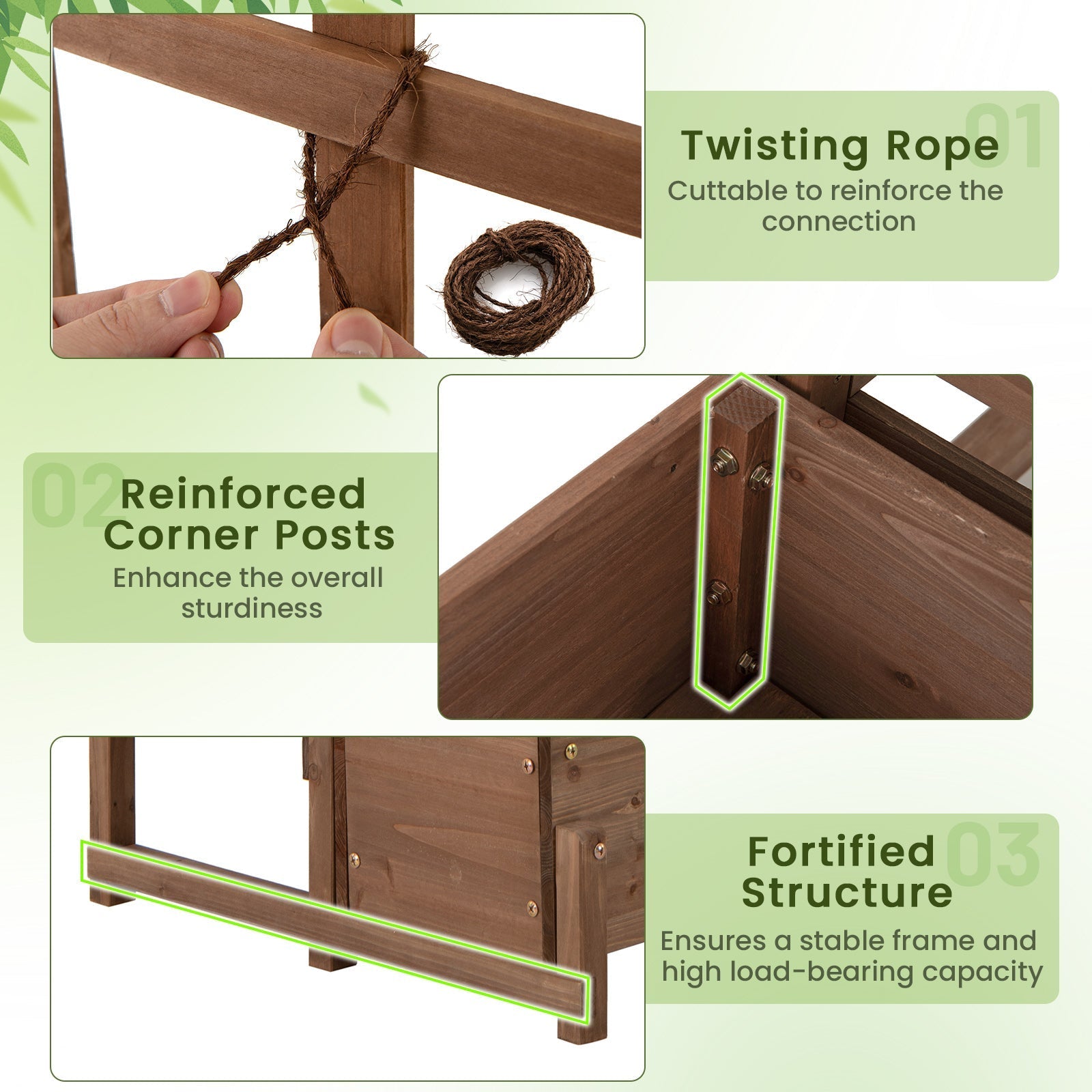 Raised Garden Bed with Trellis 2-tier Wood Planter Box with Drainage Holes-Rustic Brown - Cheeky Garden