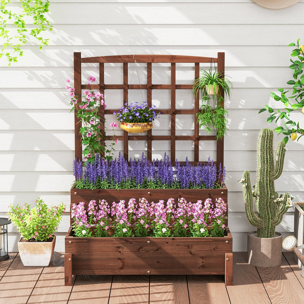 Raised Garden Bed with Trellis 2-tier Wood Planter Box with Drainage Holes-Rustic Brown - Cheeky Garden