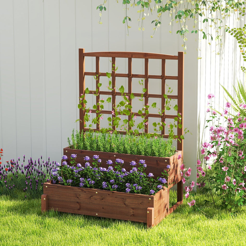Raised Garden Bed with Trellis 2-tier Wood Planter Box with Drainage Holes-Rustic Brown - Cheeky Garden