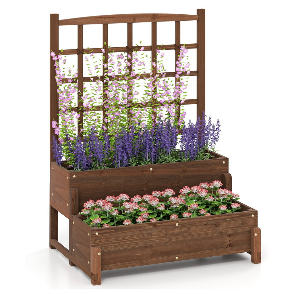 Raised Garden Bed with Trellis 2-tier Wood Planter Box with Drainage Holes-Rustic Brown - Cheeky Garden