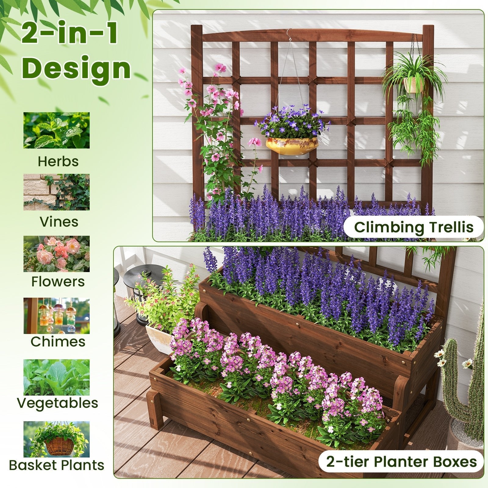 Raised Garden Bed with Trellis 2-tier Wood Planter Box with Drainage Holes-Rustic Brown - Cheeky Garden