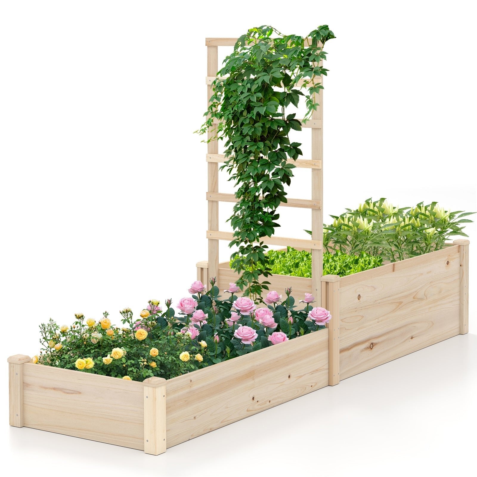 Raised Garden Bed with Trellis 87 Inch Wooden Elevated Planter with 2 Planter Boxes-Natural - Cheeky Garden