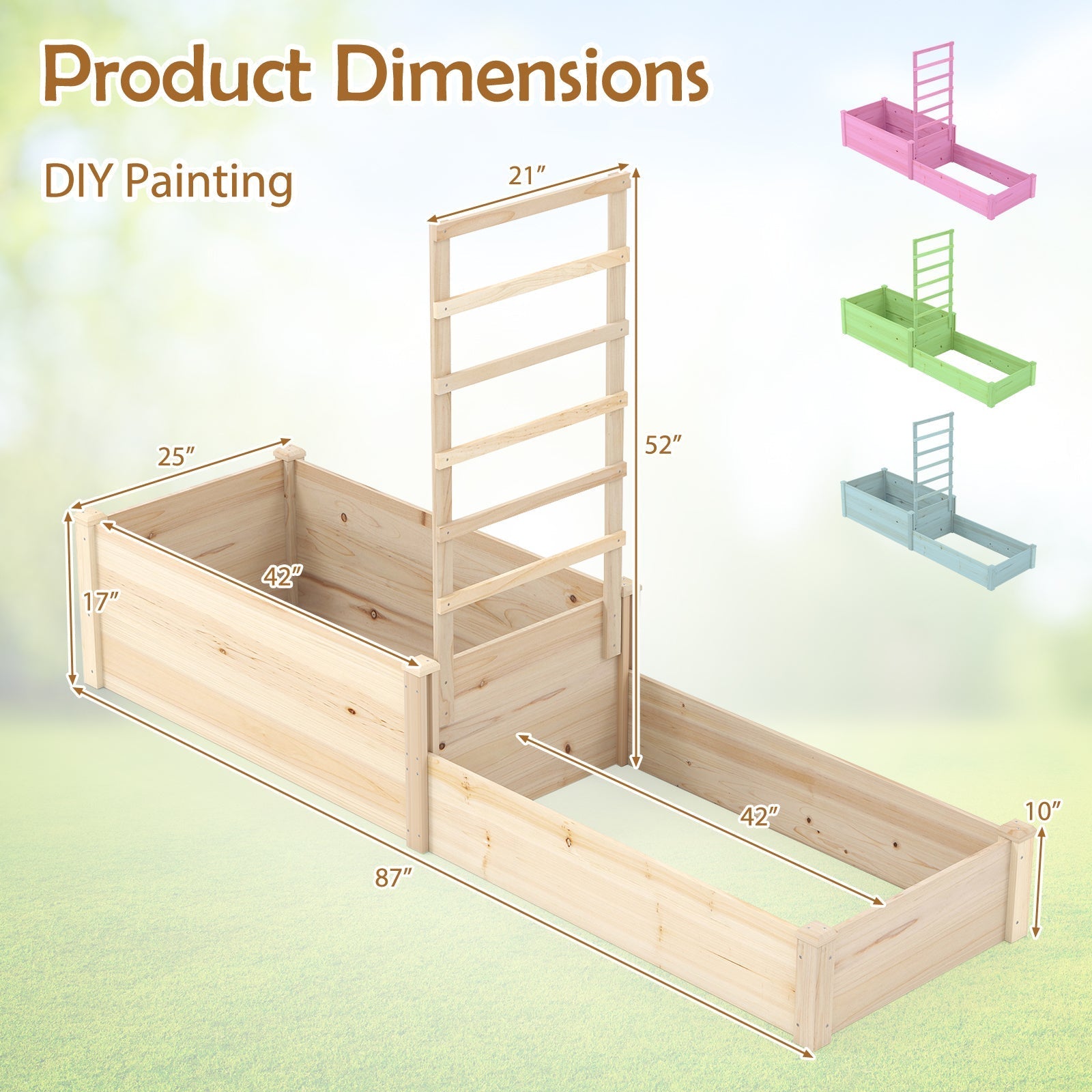 Raised Garden Bed with Trellis 87 Inch Wooden Elevated Planter with 2 Planter Boxes-Natural - Cheeky Garden