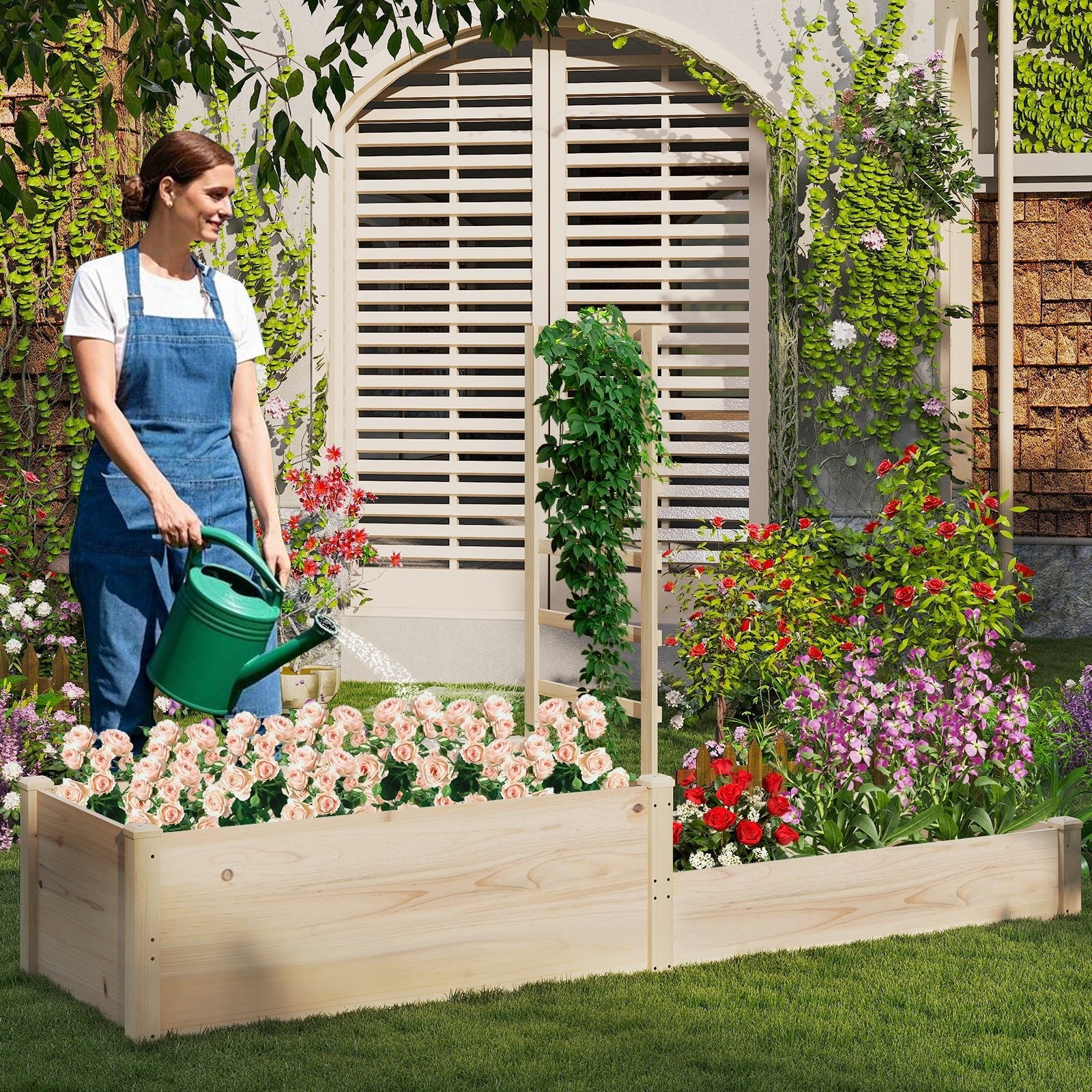 Raised Garden Bed with Trellis 87 Inch Wooden Elevated Planter with 2 Planter Boxes-Natural - Cheeky Garden