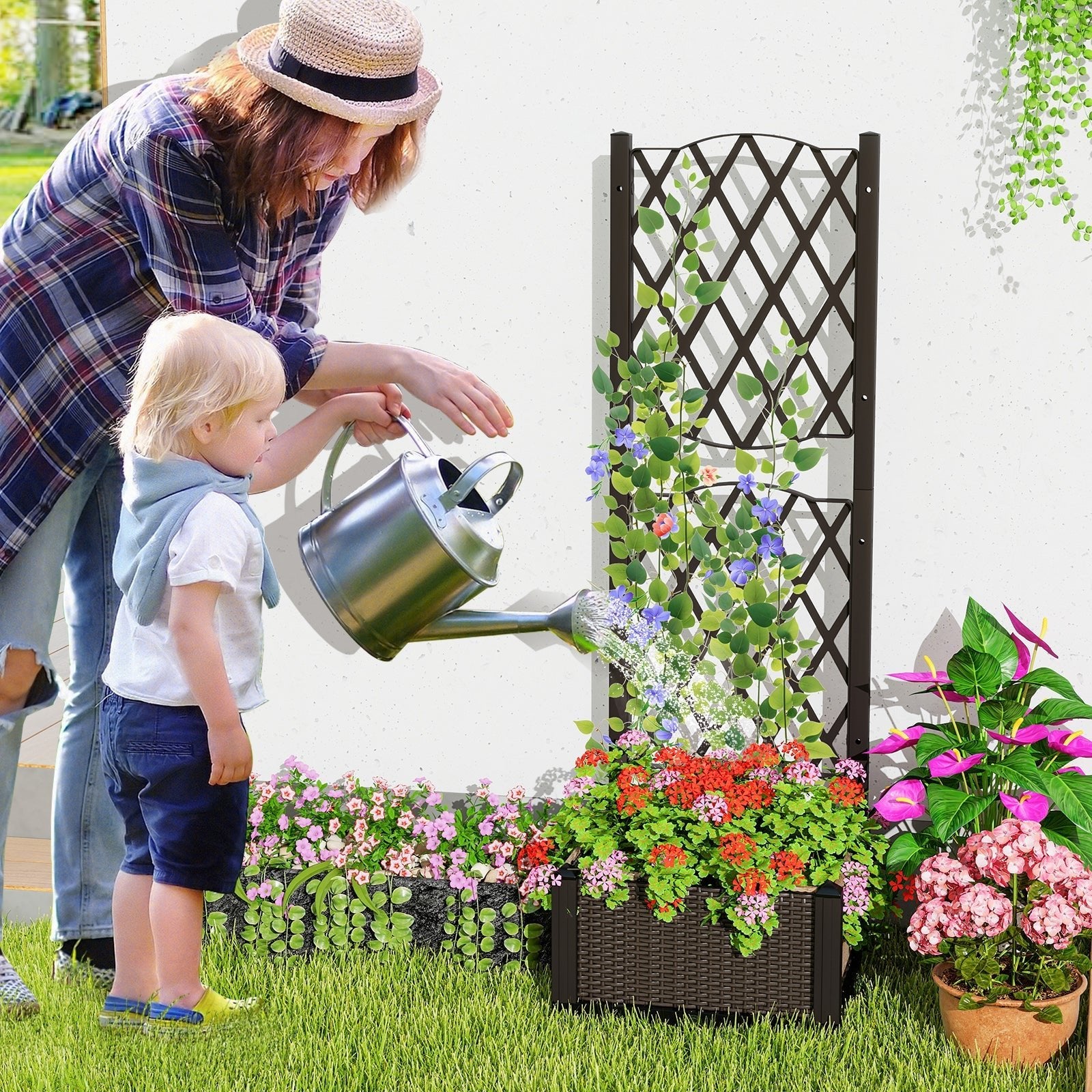 Raised Garden Bed with Trellis Planter Box for Climbing Plants -Brown - Cheeky Garden