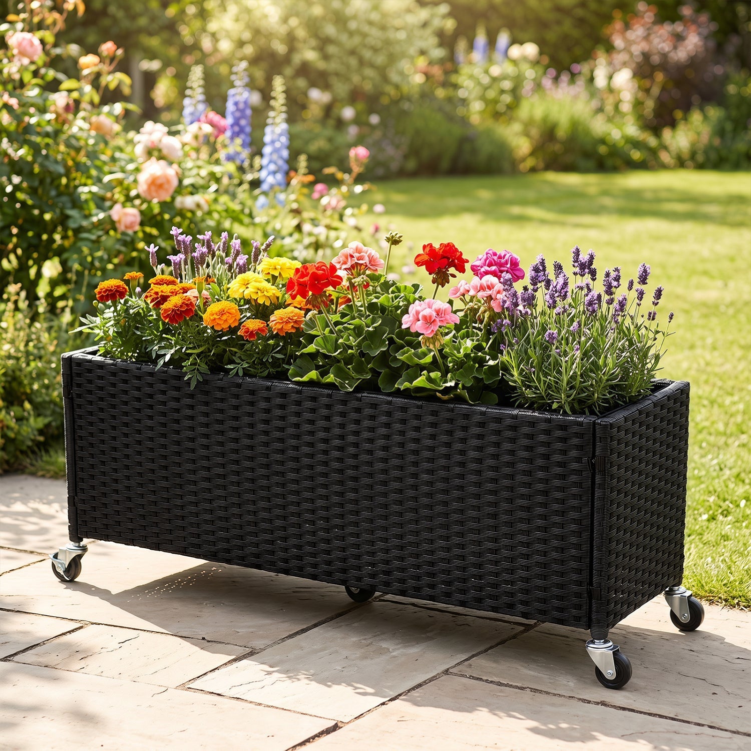 Raised Garden Bed with Wheels - PE Rattan Planter Box - Cheeky Garden