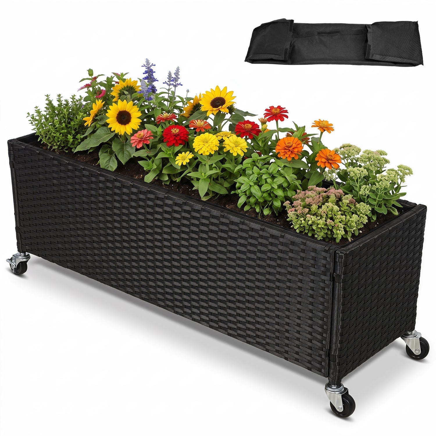 Raised Garden Bed with Wheels - PE Rattan Planter Box - Cheeky Garden