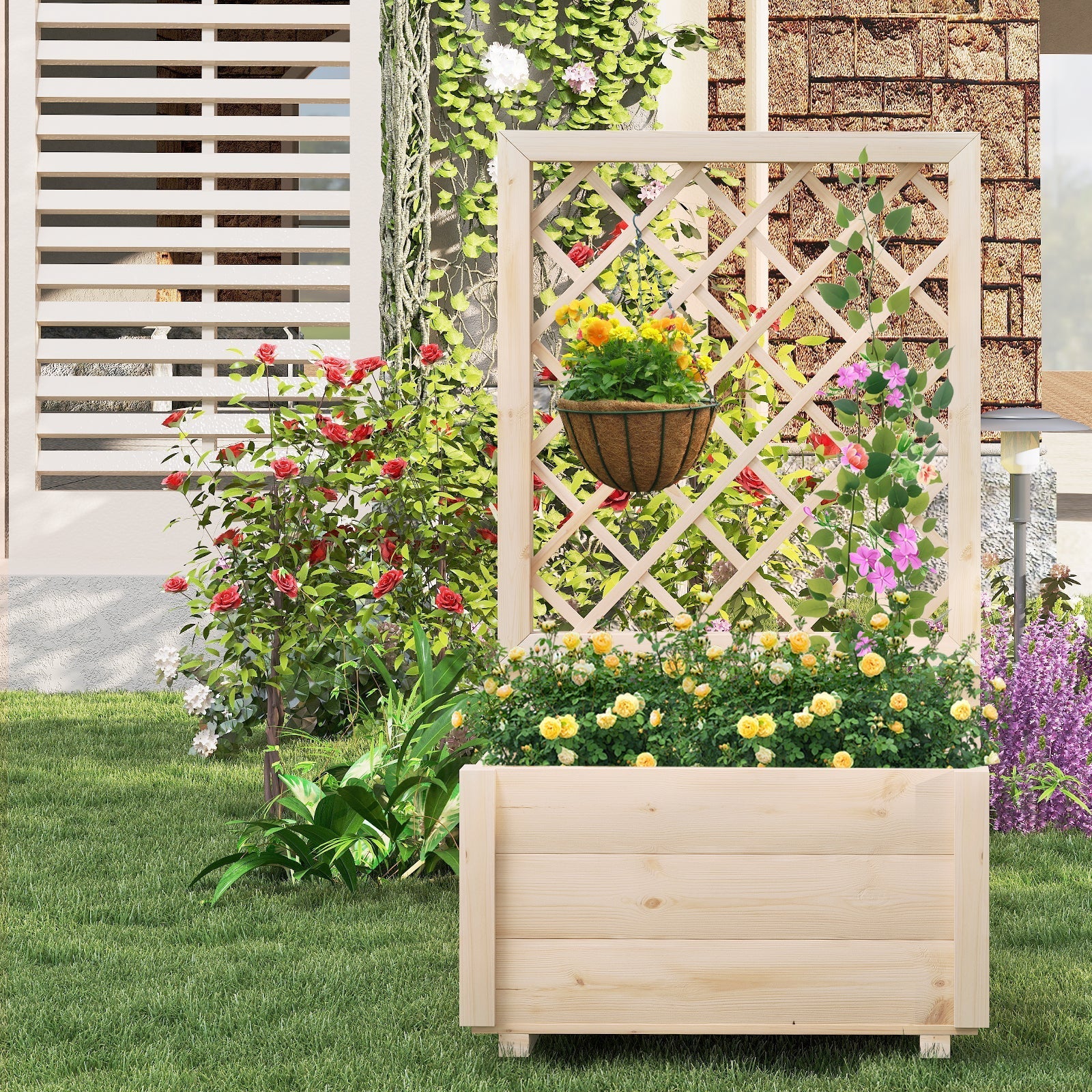 Raised Garden Bed Wooden Elevated Planter Box with Lattice Trellis-S - Cheeky Garden