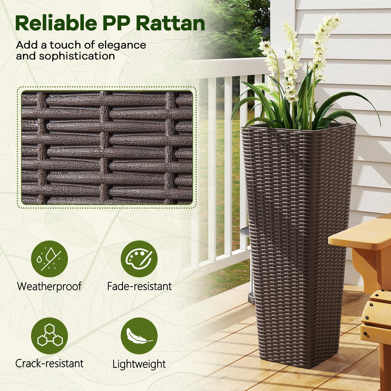 Rattan Tall Planter Set of 2 Outdoor Large Tapered Planters with Removable Inner Trays - Cheeky Garden