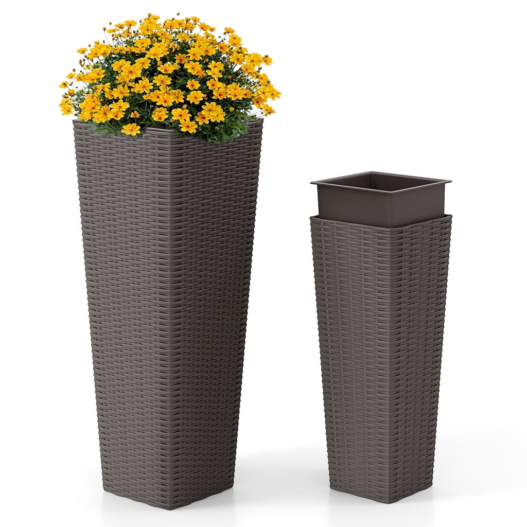 Rattan Tall Planter Set of 2 Outdoor Large Tapered Planters with Removable Inner Trays - Cheeky Garden