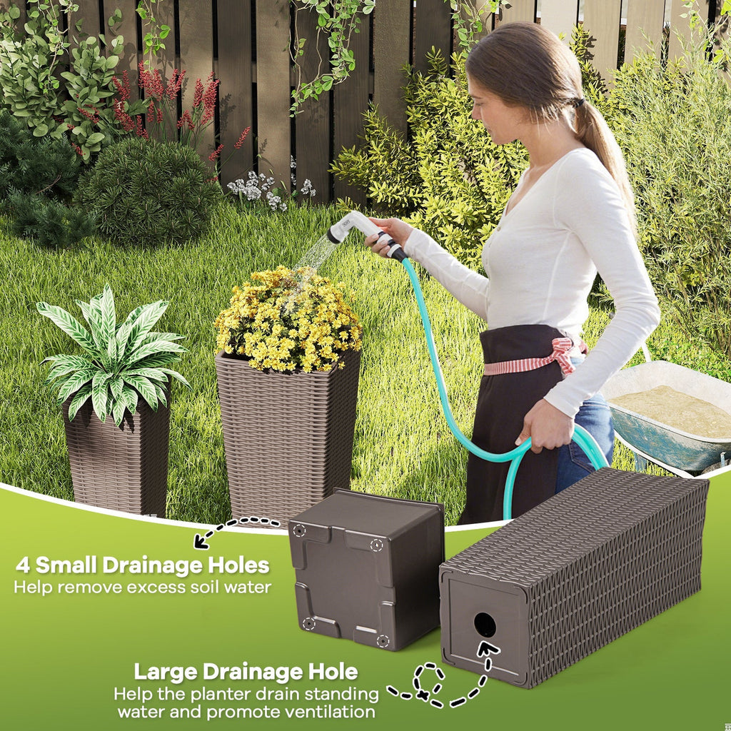 Rattan Tall Planter Set of 2 Outdoor Large Tapered Planters with Removable Inner Trays - Cheeky Garden