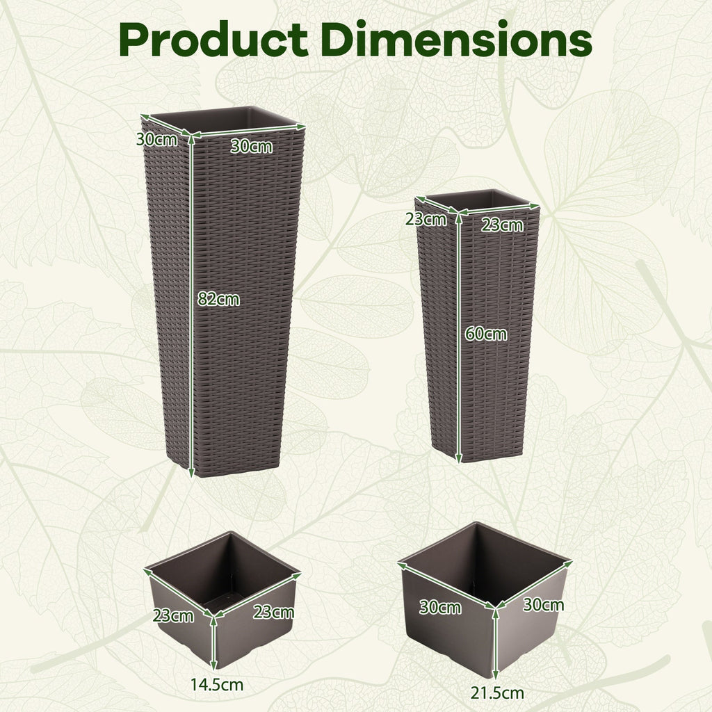 Rattan Tall Planter Set of 2 Outdoor Large Tapered Planters with Removable Inner Trays - Cheeky Garden