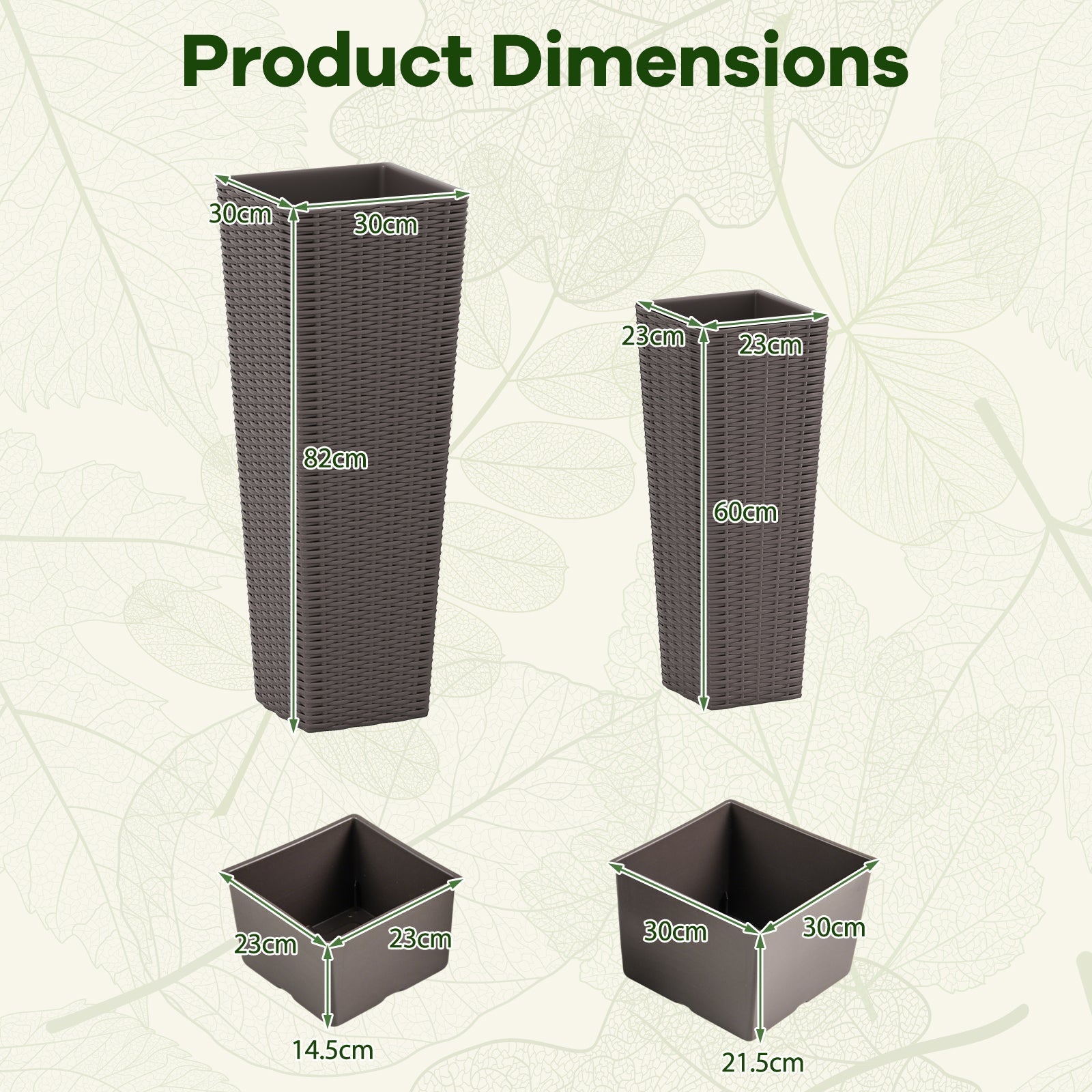 Rattan Tall Planter Set of 2 Outdoor Large Tapered Planters with Removable Inner Trays - Cheeky Garden