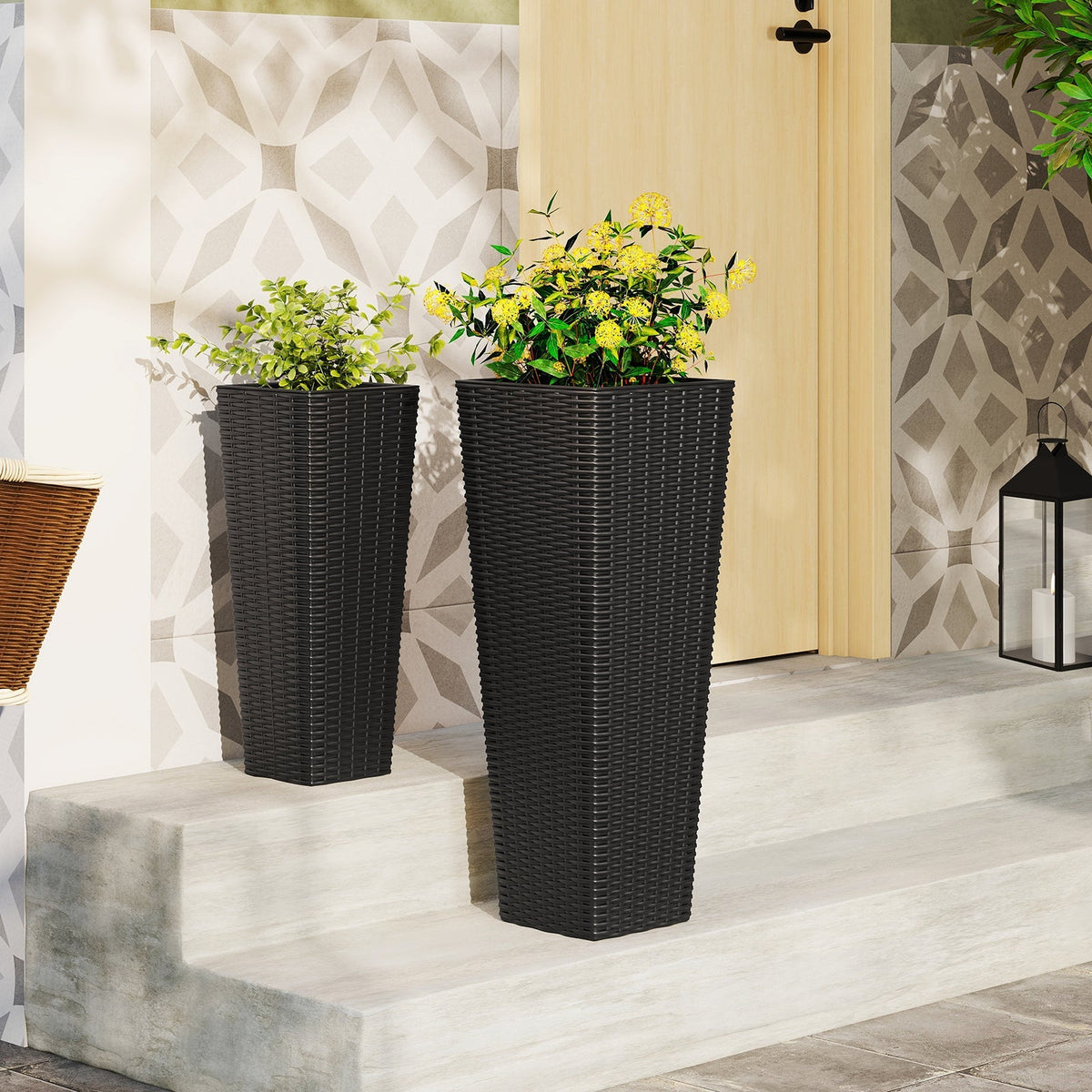 Rattan Tall Planter Set of 2 Outdoor Large Tapered Planters with Removable Inner Trays - Cheeky Garden
