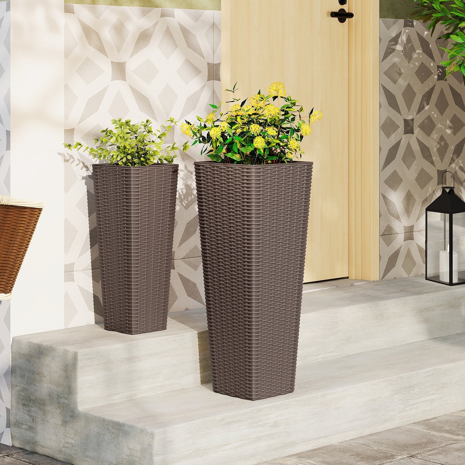 Rattan Tall Planter Set of 2 Outdoor Large Tapered Planters with Removable Inner Trays - Cheeky Garden