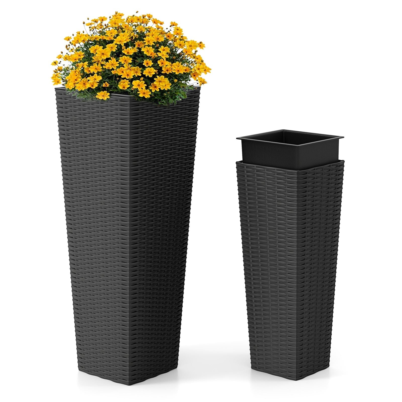 Rattan Tall Planter Set of 2 Outdoor Large Tapered Planters with Removable Inner Trays - Cheeky Garden