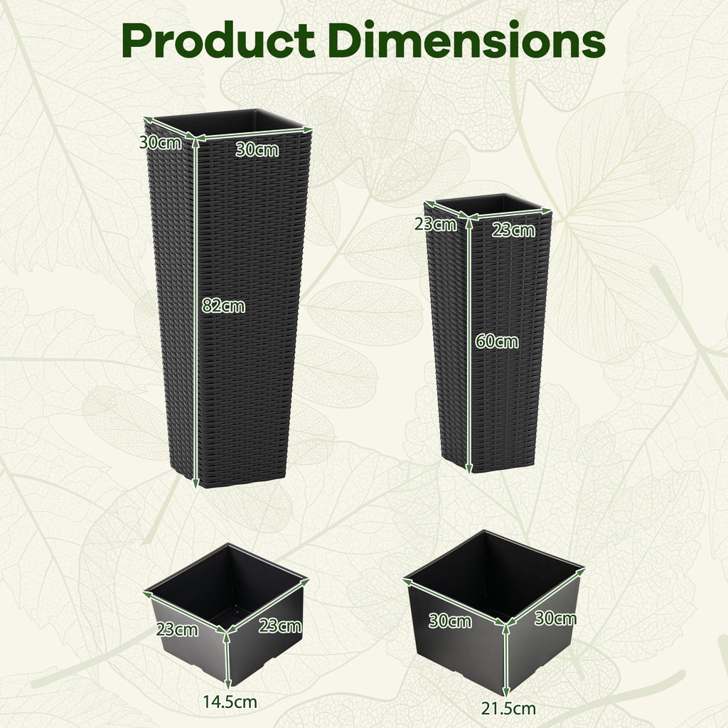 Rattan Tall Planter Set of 2 Outdoor Large Tapered Planters with Removable Inner Trays - Cheeky Garden