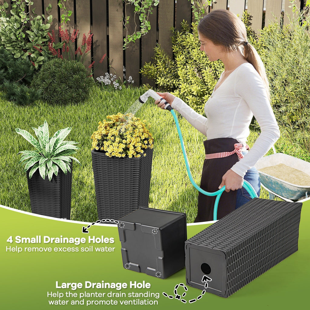 Rattan Tall Planter Set of 2 Outdoor Large Tapered Planters with Removable Inner Trays - Cheeky Garden