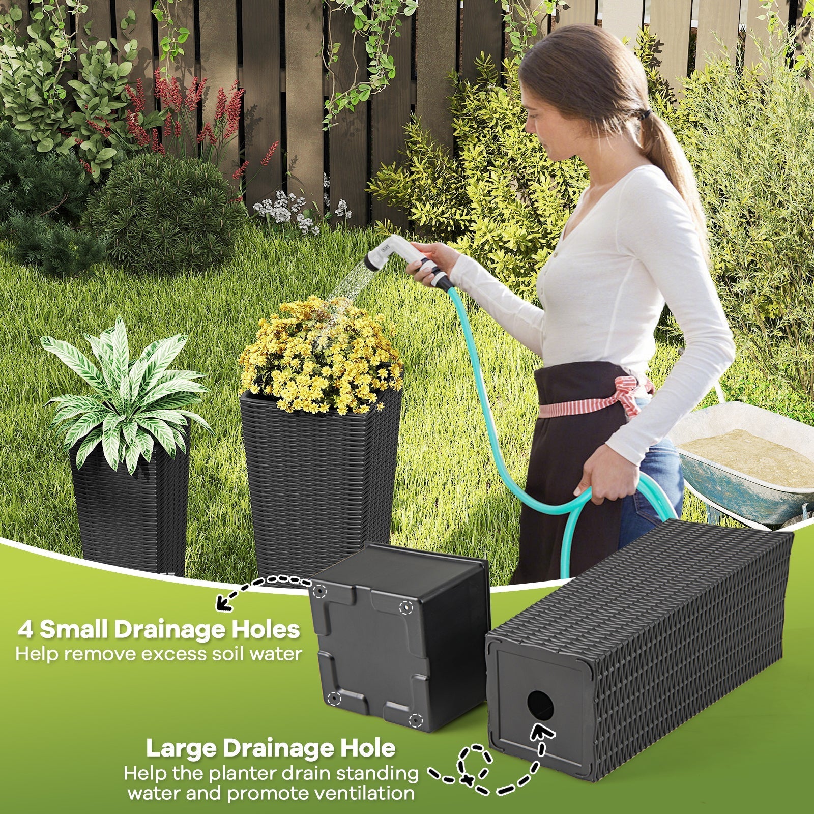 Rattan Tall Planter Set of 2 Outdoor Large Tapered Planters with Removable Inner Trays - Cheeky Garden