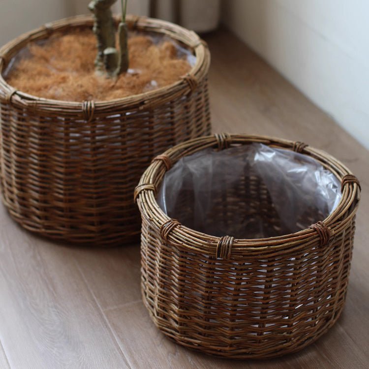 Rustic Round Wicker Planter with Liner - Cheeky Garden