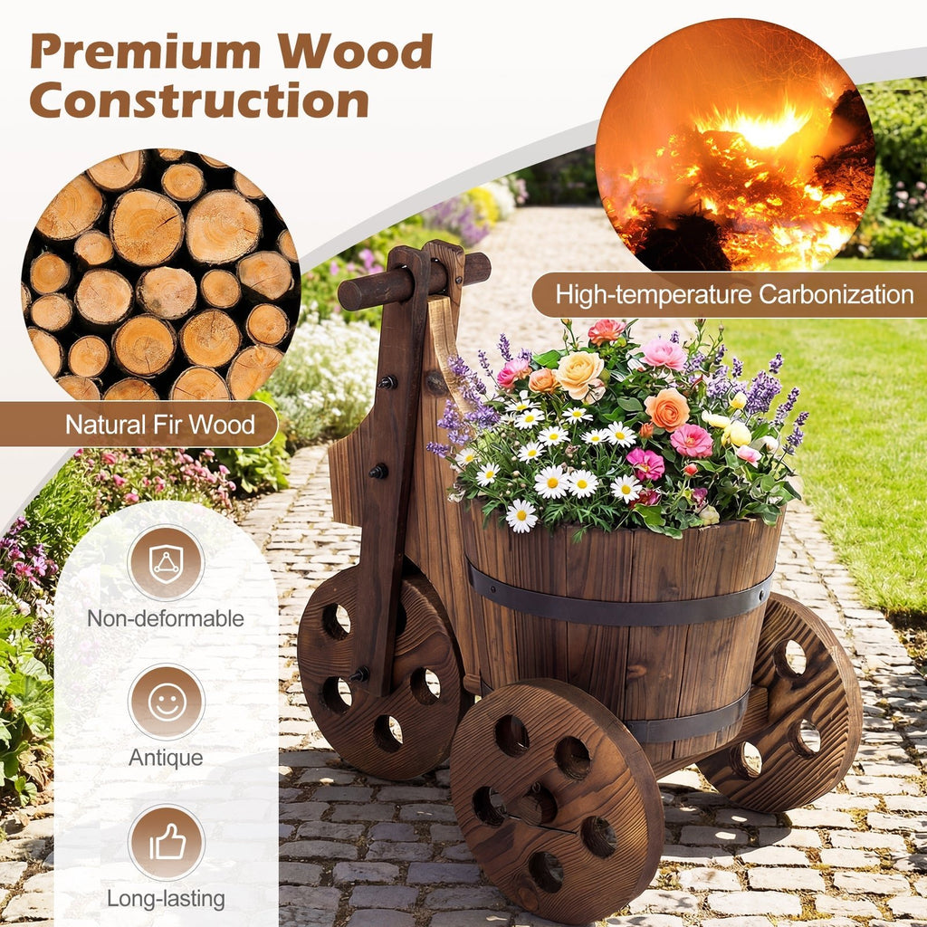 Rustic Wood Tricycle Planter Barrel Flower Pot Cart with Drainage Hole-Coffee - Cheeky Garden