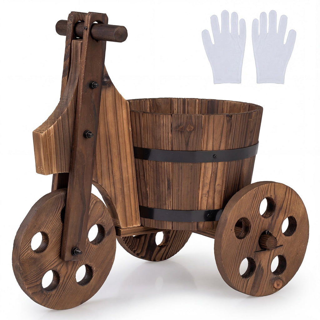 Rustic Wood Tricycle Planter Barrel Flower Pot Cart with Drainage Hole-Coffee - Cheeky Garden