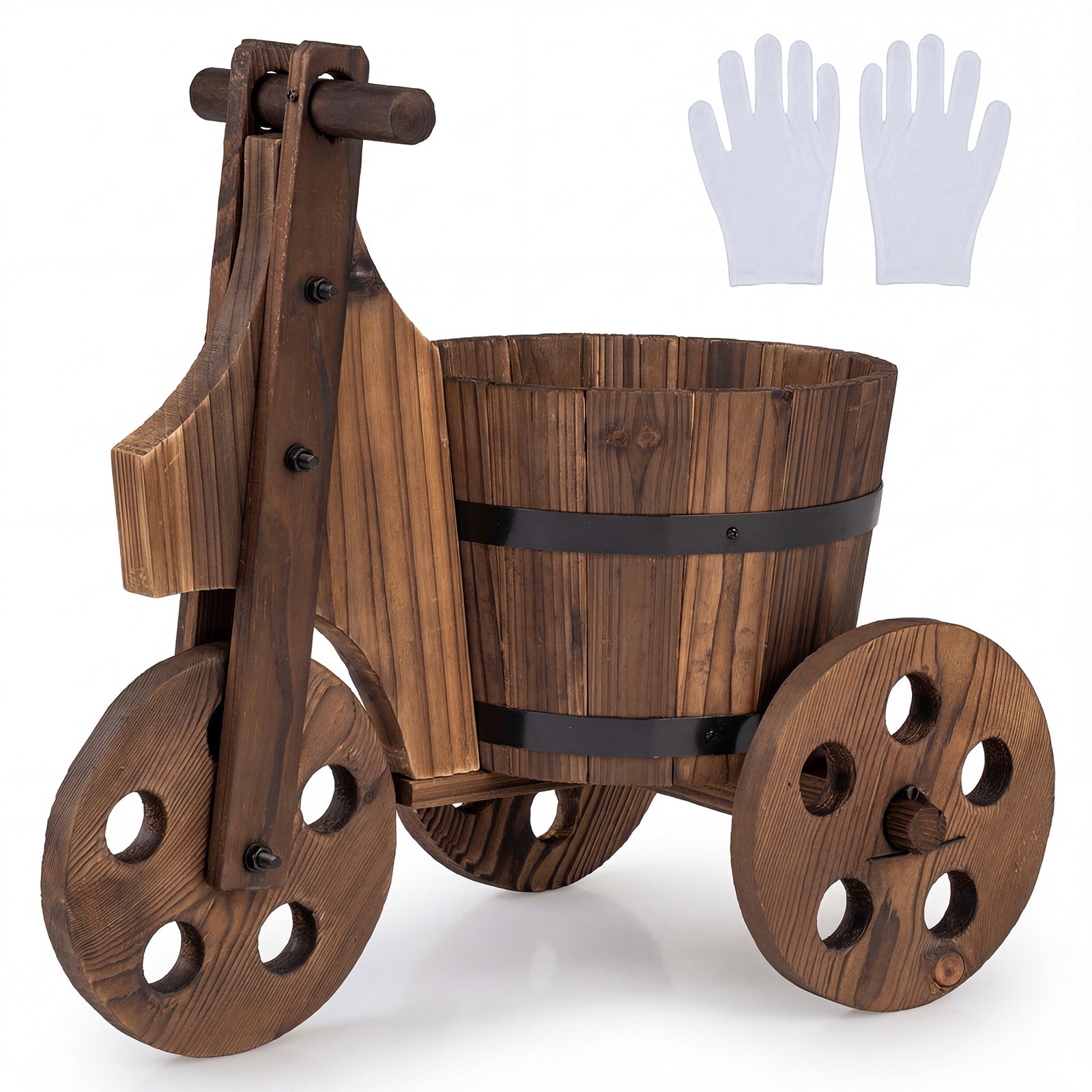 Rustic Wood Tricycle Planter Barrel Flower Pot Cart with Drainage Hole-Coffee - Cheeky Garden
