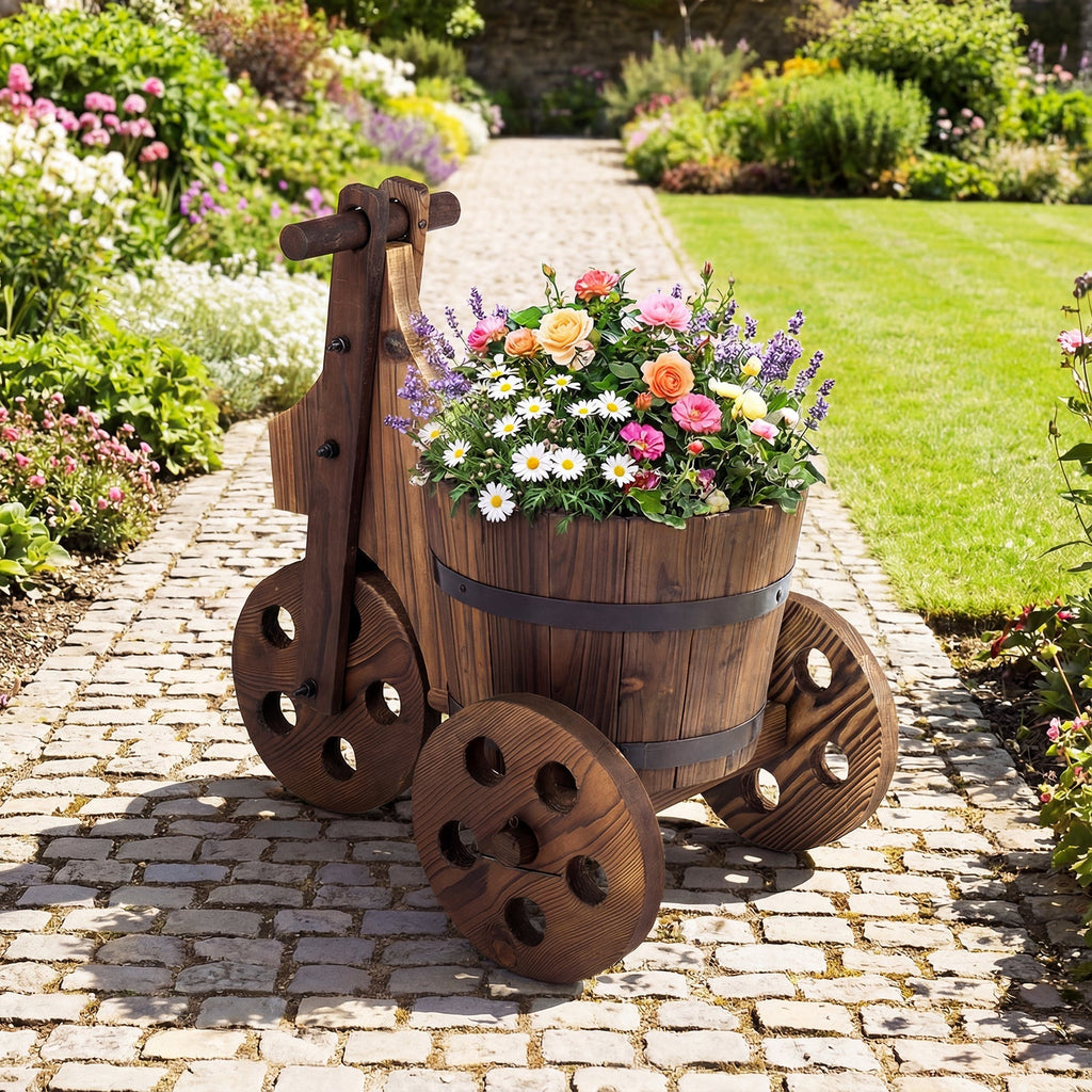 Rustic Wood Tricycle Planter Barrel Flower Pot Cart with Drainage Hole-Coffee - Cheeky Garden