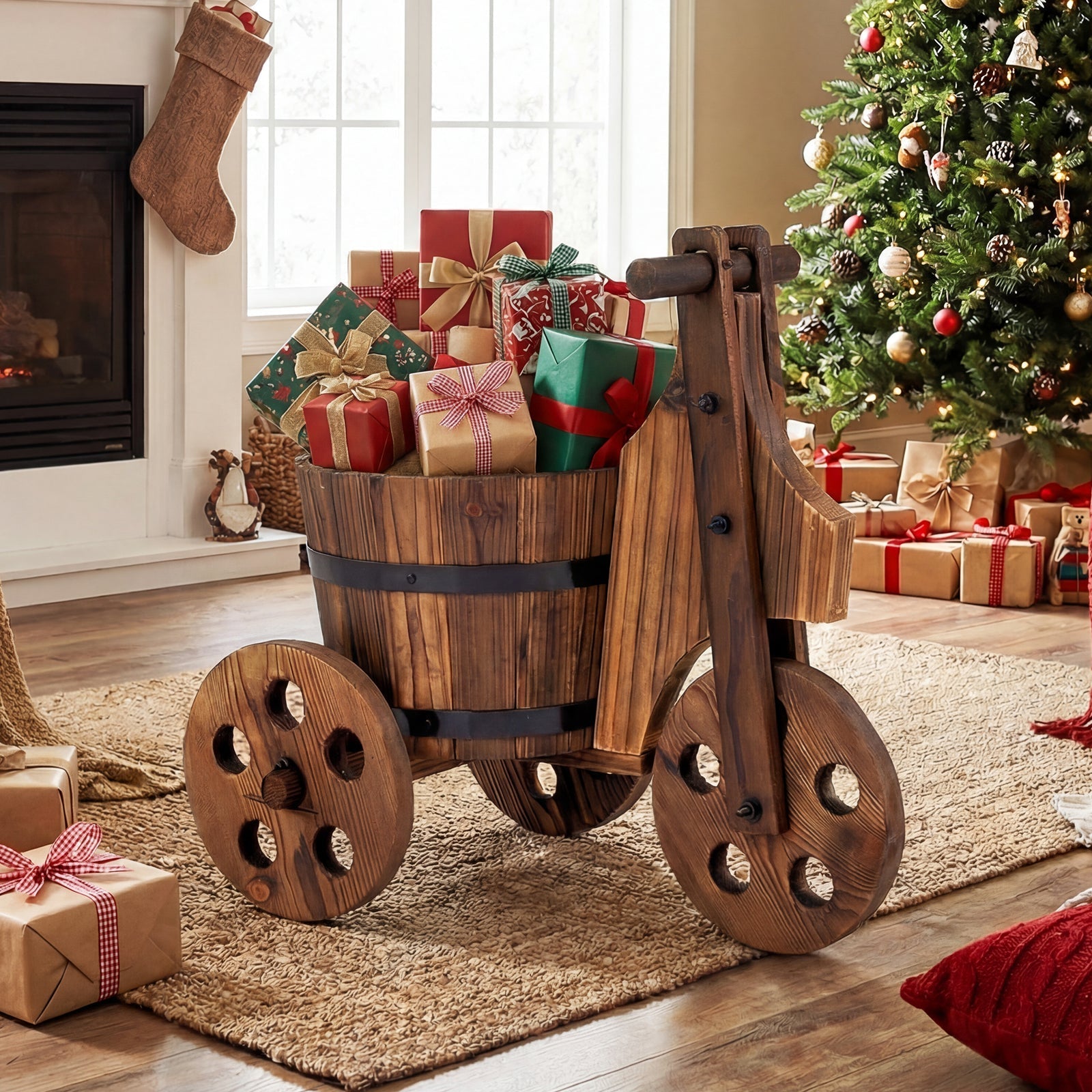 Rustic Wood Tricycle Planter Barrel Flower Pot Cart with Drainage Hole-Coffee - Cheeky Garden