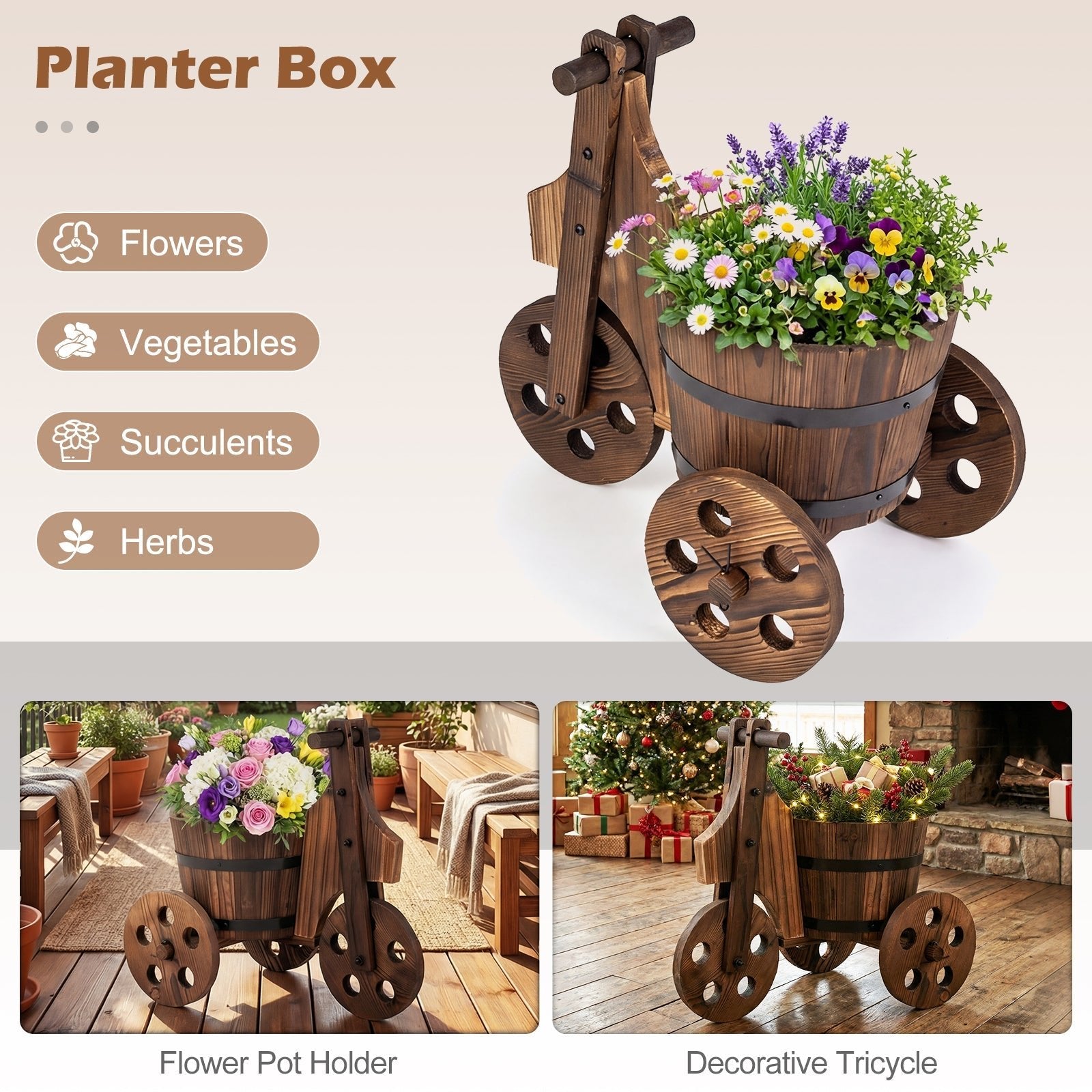 Rustic Wood Tricycle Planter Barrel Flower Pot Cart with Drainage Hole-Coffee - Cheeky Garden