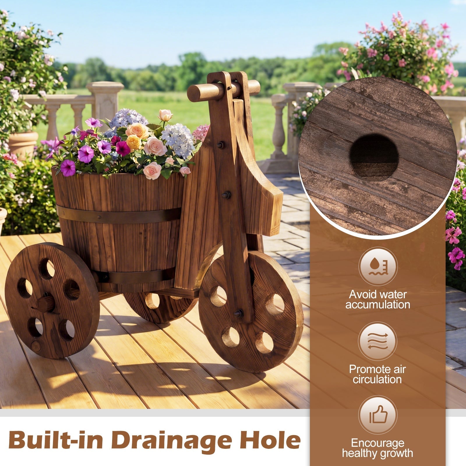 Rustic Wood Tricycle Planter Barrel Flower Pot Cart with Drainage Hole-Coffee - Cheeky Garden