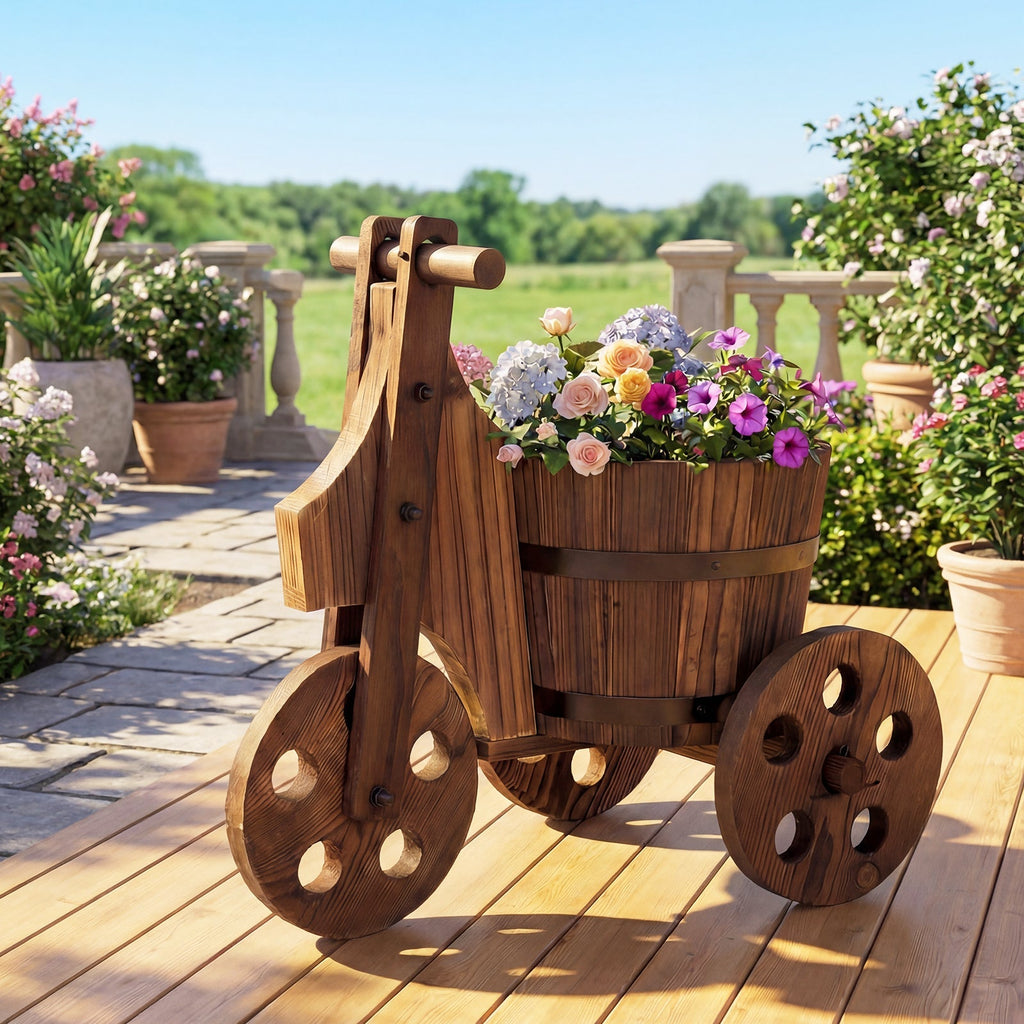Rustic Wood Tricycle Planter Barrel Flower Pot Cart with Drainage Hole-Coffee - Cheeky Garden