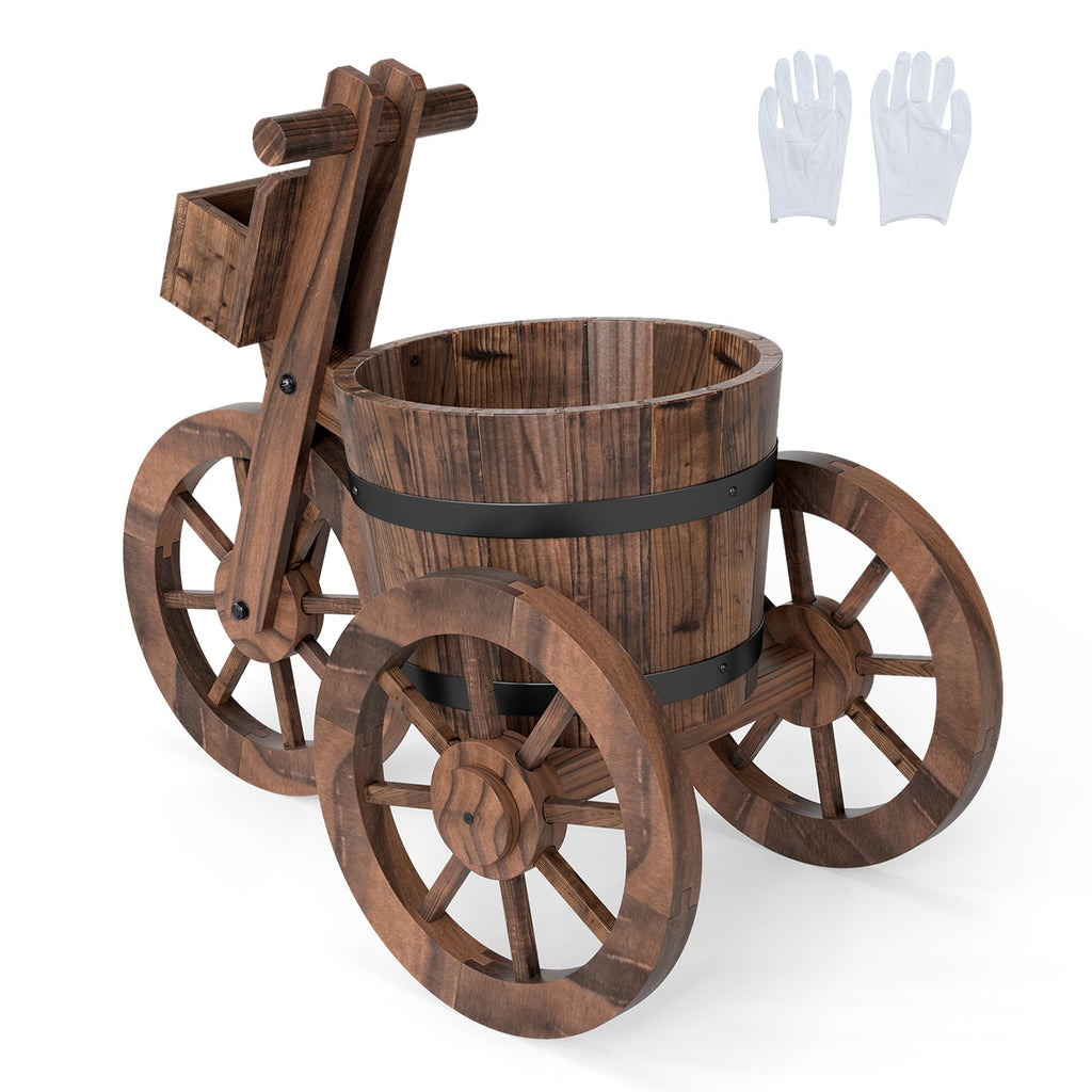 Rustic Wood Tricycle Planter with Wheels and Storage Box-Coffee - Cheeky Garden