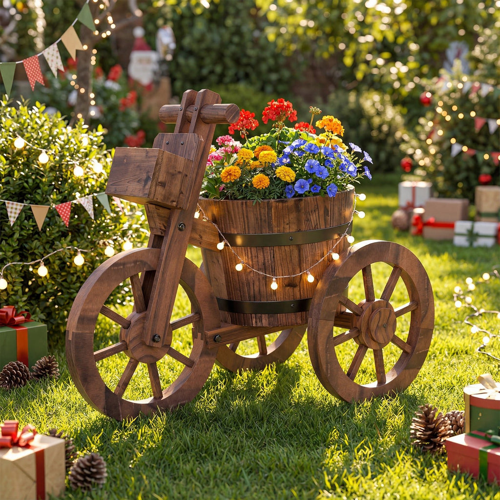 Rustic Wood Tricycle Planter with Wheels and Storage Box-Coffee - Cheeky Garden