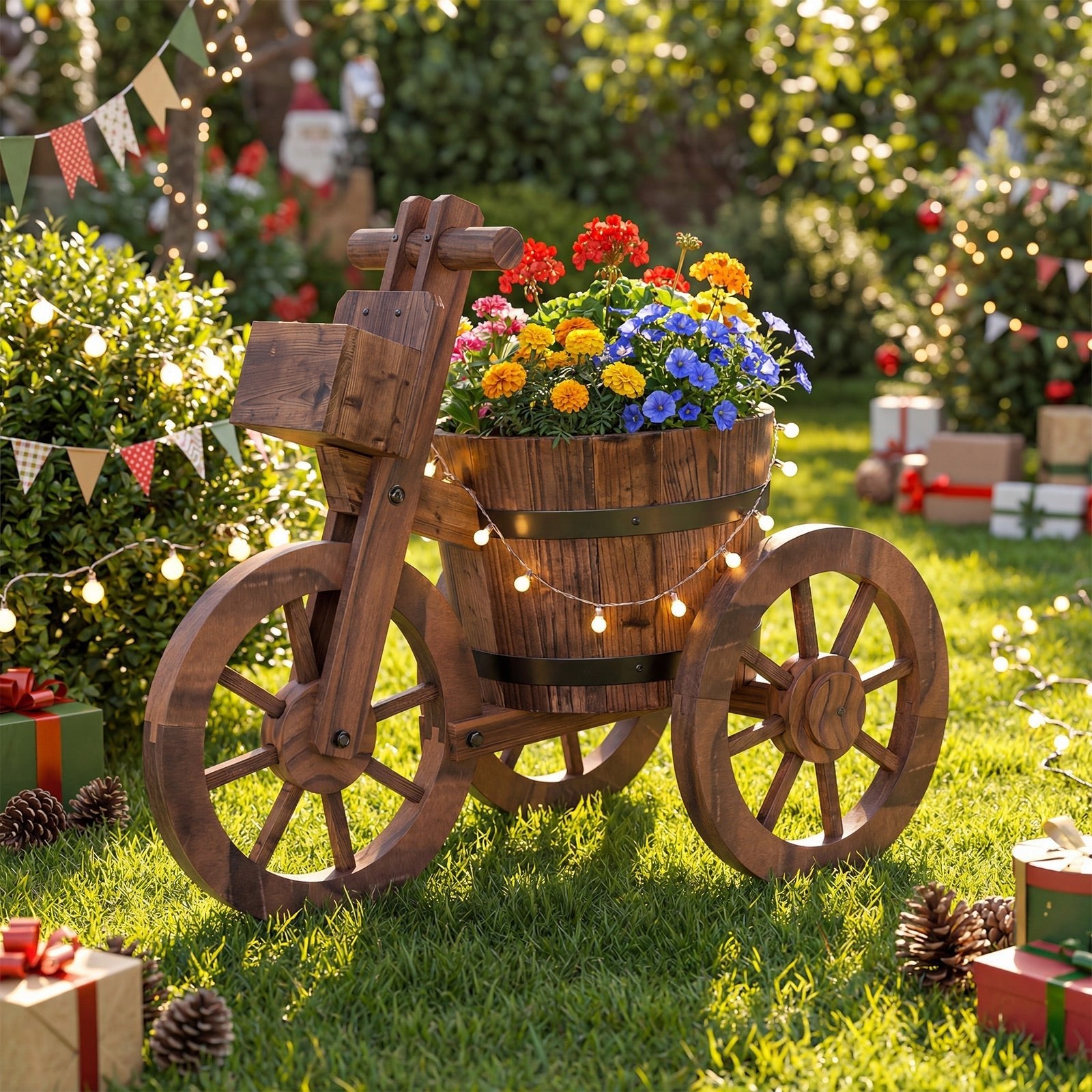 Rustic Wood Tricycle Planter with Wheels and Storage Box-Coffee - Cheeky Garden