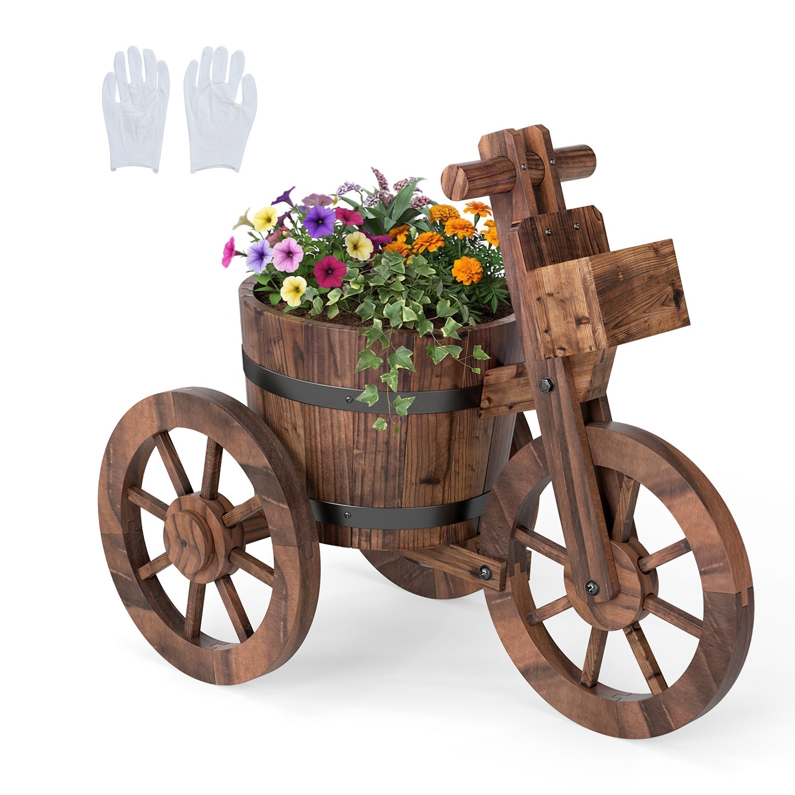 Rustic Wood Tricycle Planter with Wheels and Storage Box-Coffee - Cheeky Garden