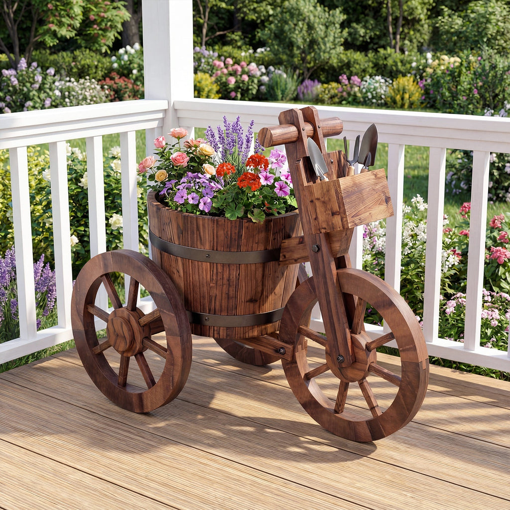 Rustic Wood Tricycle Planter with Wheels and Storage Box-Coffee - Cheeky Garden
