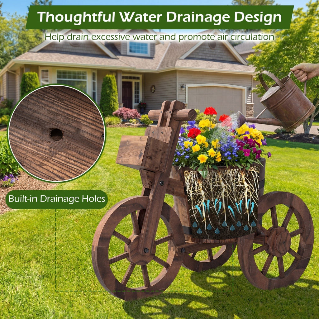Rustic Wood Tricycle Planter with Wheels and Storage Box-Coffee - Cheeky Garden