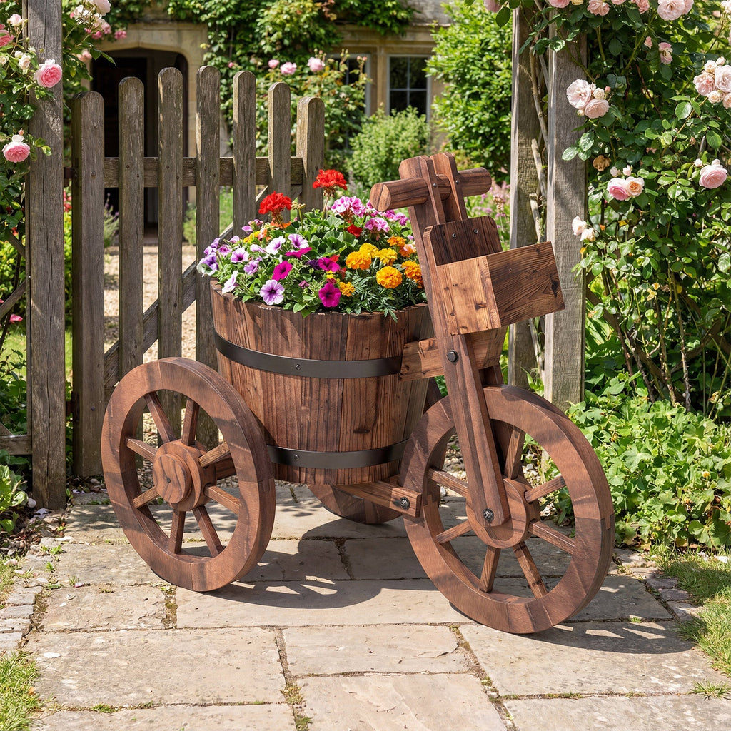 Rustic Wood Tricycle Planter with Wheels and Storage Box-Coffee - Cheeky Garden