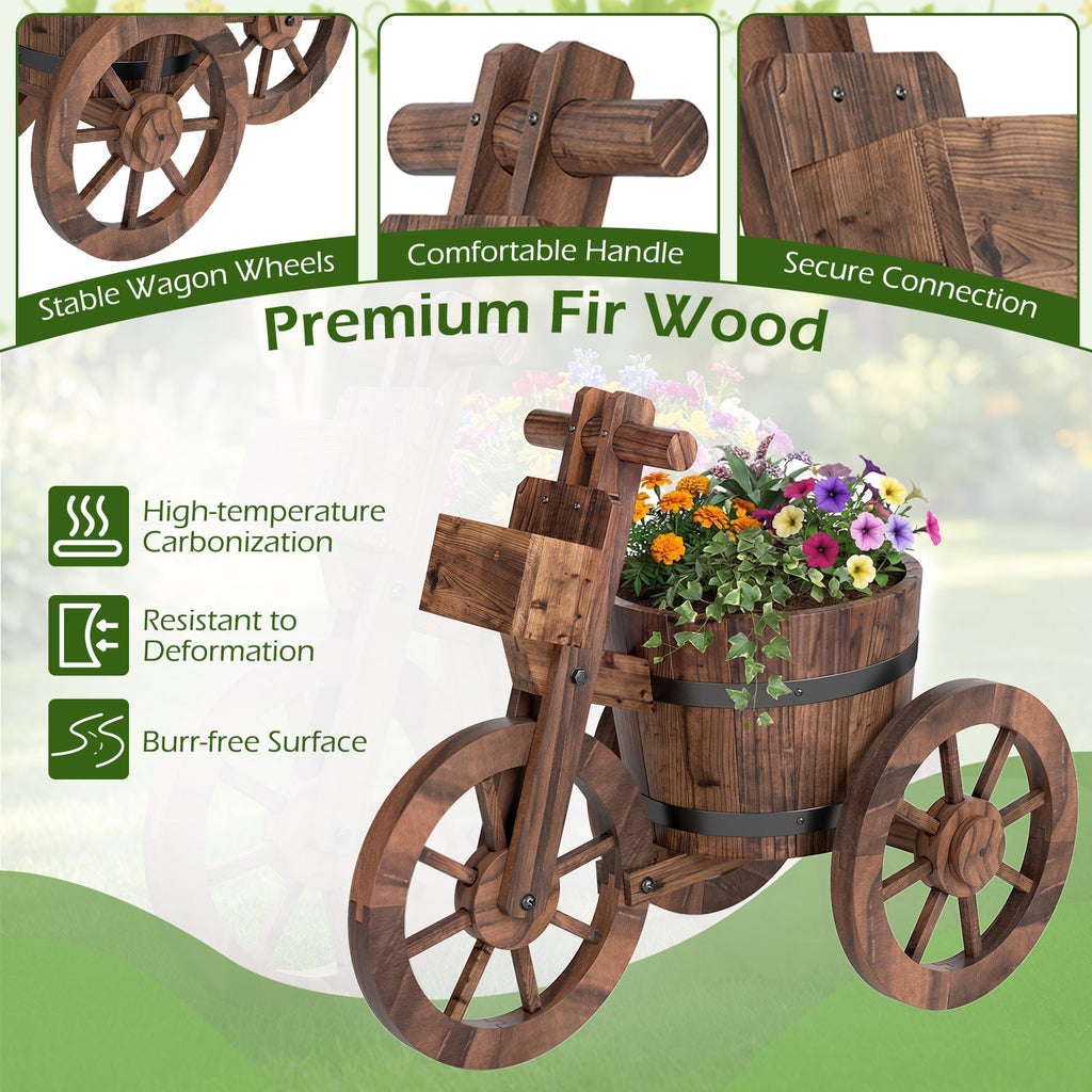 Rustic Wood Tricycle Planter with Wheels and Storage Box-Coffee - Cheeky Garden