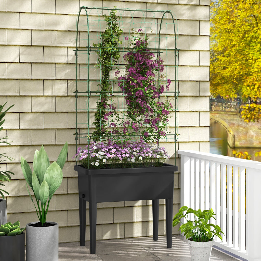 Self-watering Raised Garden Bed Elevated Planter with Climbing Trellis-Black - Cheeky Garden