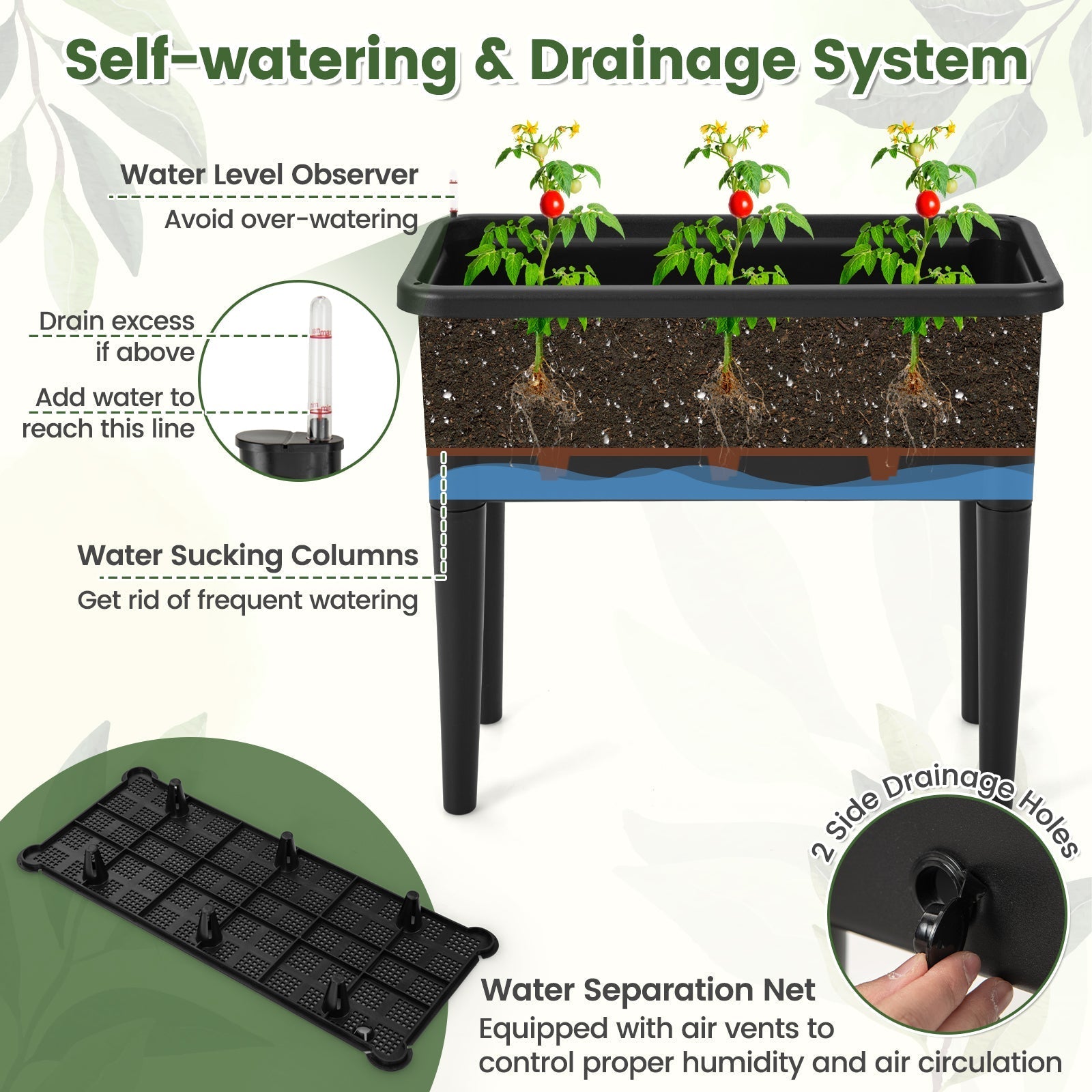 Self-watering Raised Garden Bed Elevated Planter with Climbing Trellis-Black - Cheeky Garden